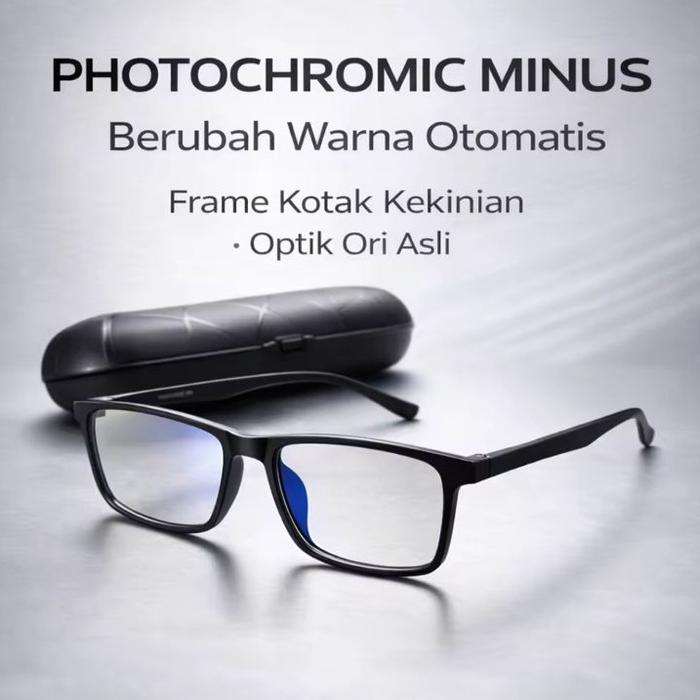 Kacamata Minus Photochromic Pria Kotak Kekinian Optik Ori Asli UV Frame Elastis Lentur Anti Patah