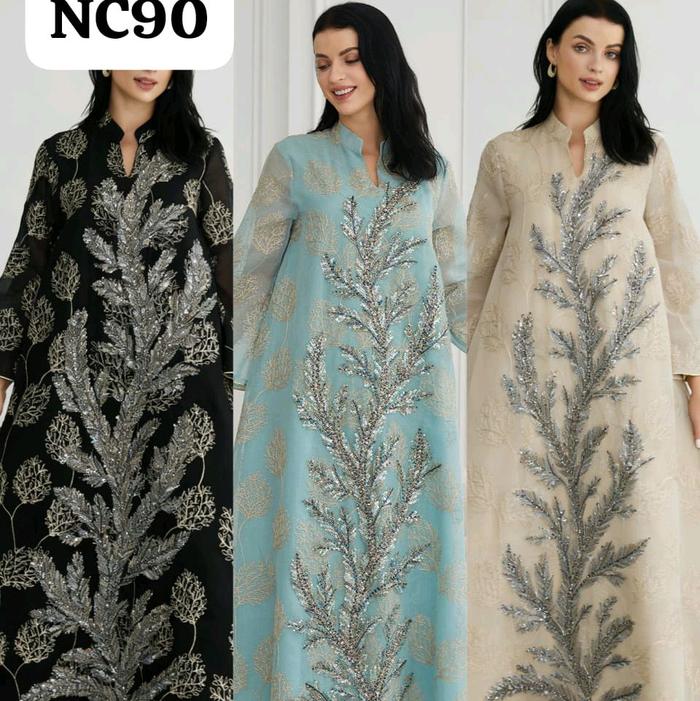 NC90 Ready Gamis Dubai Jalabiya Abaya Gamis Mewah Premium Warna Hijau tosca ,hitam & cream dengan De