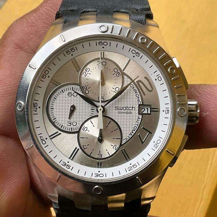 JAM SWISS MODERN : SWATCH CHRONOGRAPH AUTOMATIC WHITE SILVER DIAL ORIGINAL