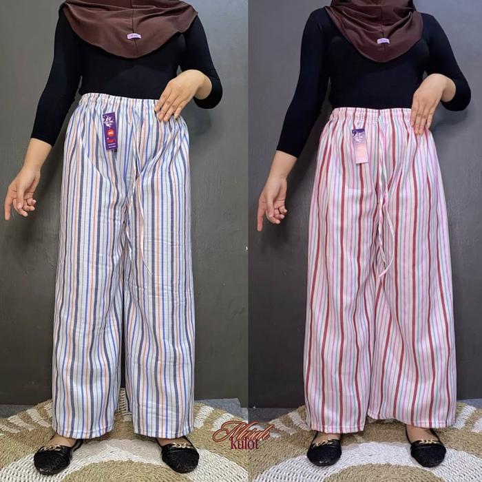 Kulot murah - Celana Kulot Salur Linen Stripe Pants Bawahan Wanita Panjang Tali Serut Jumbo