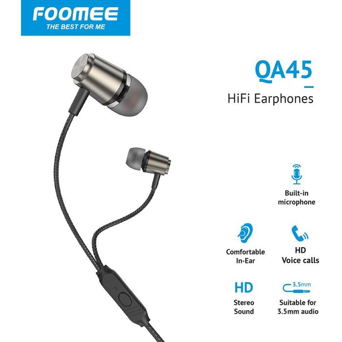 Headset Kabel Earphone Wired Foomee QA45 Earphone Musik Built-In Mic Audio Jernih Headset With Mic F