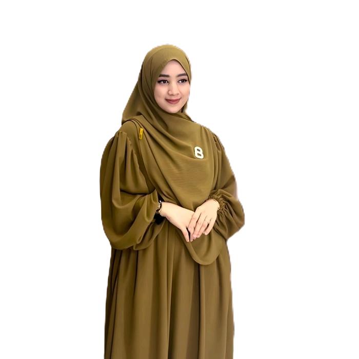 gamis set hijab luna syar'i Muslim ivory wanita Syari baju abaya putih mewah dan elegan abaya umroh 