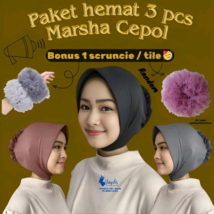 Paket 3 pcs Marsha Cepol 3 in 1 (pet,karet dan Cepol) bonus 1 scruncie / Ciput turki daleman kerudun