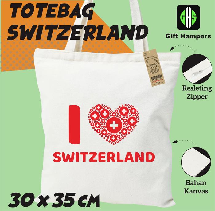 SOUVENIR TAS TOTEBAG OLEH OLEH SWISS CHUR SWITZERLAND BAHAN RESLETING PUTIH GIFT PREMIUM MURAH