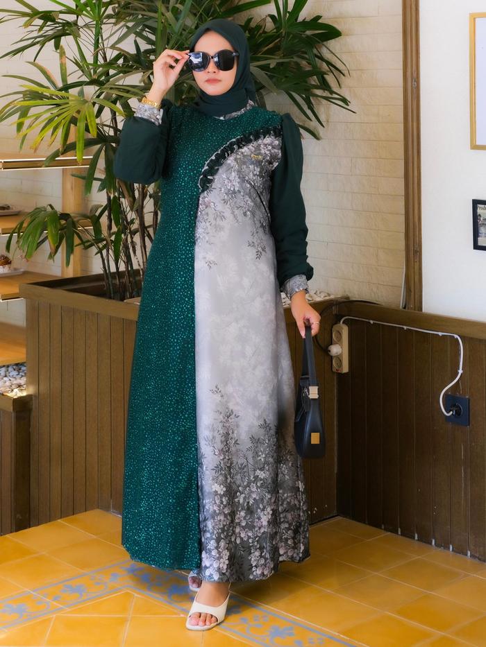 Arnufi - Gamis Syaqueena Ceruty Combi Silky Bunga V2  gamis wanita, gamis muslimah, baju gamis wanit