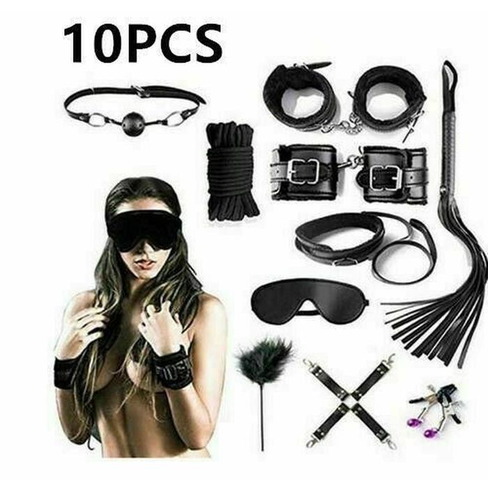 PRIVASI AMAN Set BDSM Borgol Bulu Lingerie Handcuff Tali Ikat Bondage 10pc Hitam