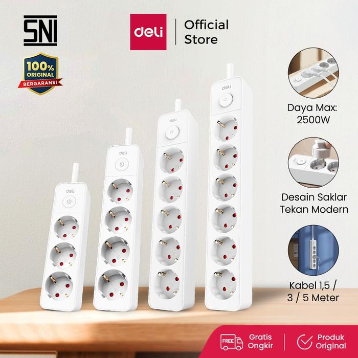 Deli Stop Kontak 3/4/5/6 Lubang Kabel 1,5/3/5 Meter Saklar Switch Tahan Panas Child Safe Bergaransi 