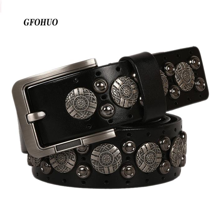 Logam Rivet Koboi Belt Asli Kulit Cowskin Pria Sabuk Punk Rivet Jeans