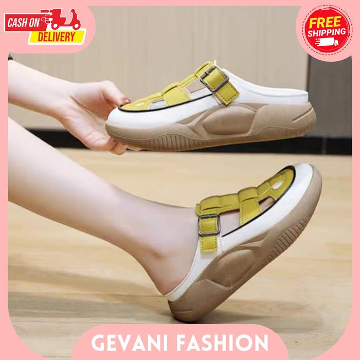 GEVANI SHOES - SANDAL FLIP SLIP ON MOTIF ANYAM TUMPUK MODEL BAPAU HAK 4 CM CASUAL TRENDY CK 555