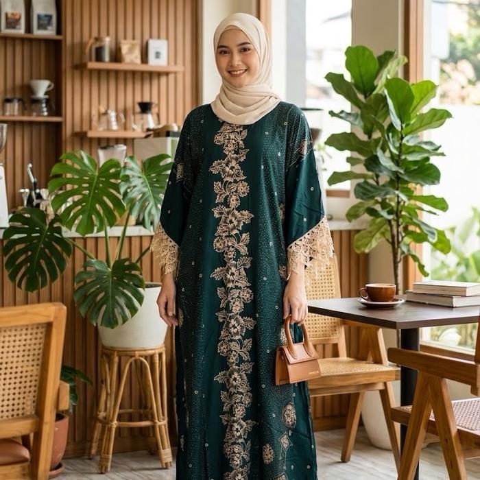 NH. Dini Gamis Kayla Dress Muslimah Busui Friendly Renda Mewah Bahan Rayon Motif Batik Pekalongan de