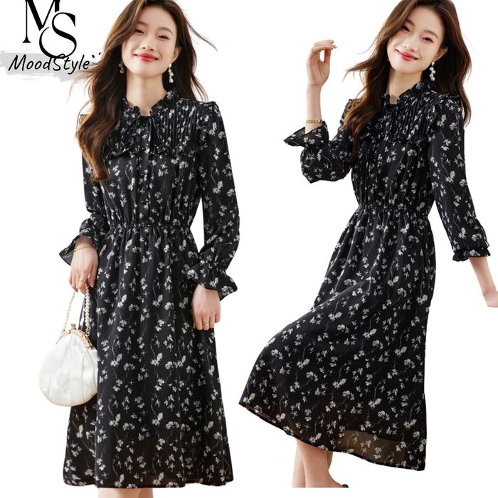 CUCI GUDANG DR1580 Set Dress Bunga Lengan Panjang Gaun Elegan Korea V-neck Rok Midi Fashion Korea Ca