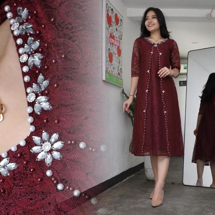 Drees Terbaru Mix Payet Dres Brokat Midi Natal Drees Terbaru Tahun Baru Natal Dres Wanita Moderen Ga