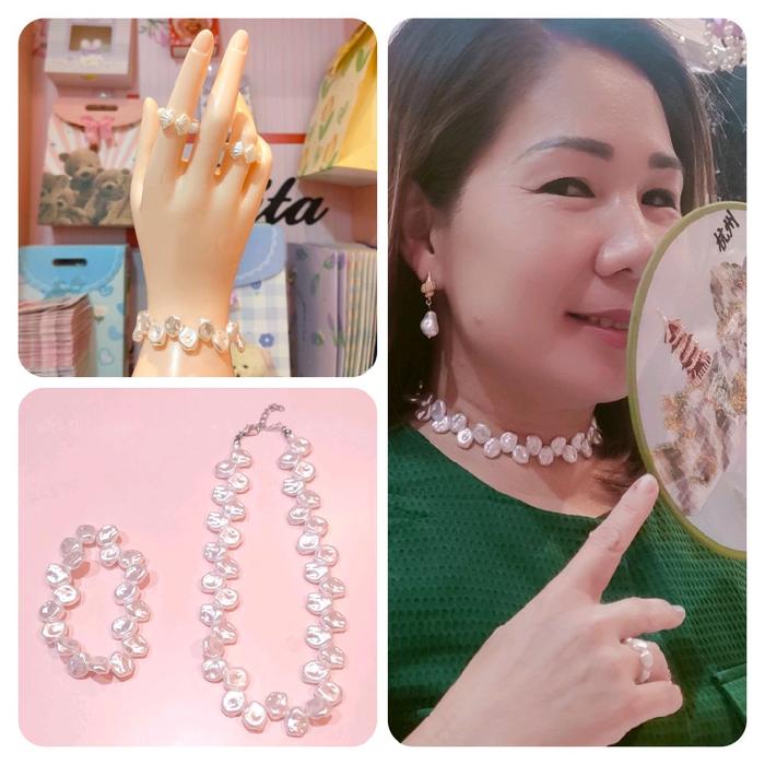 Kalung choker & cincin mutiara air tawar fashion aksesoris perhiasan huruf warna emas itali korean t