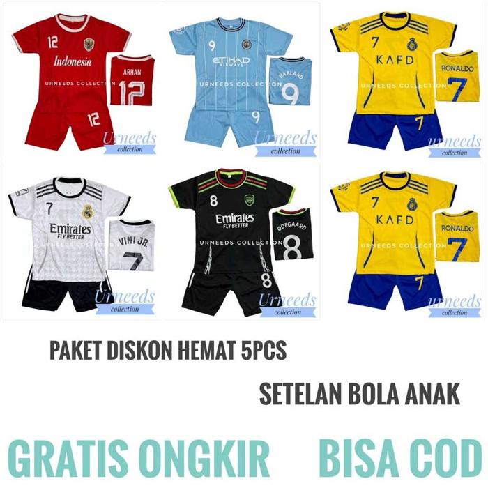 UME.SHOP PAKET HEMAT DISKON 5 PCS SETELAN BAJU BOLA ANAK LAKI LAKI RONALDO MESSI NEYMAR ARHAN BERKUA
