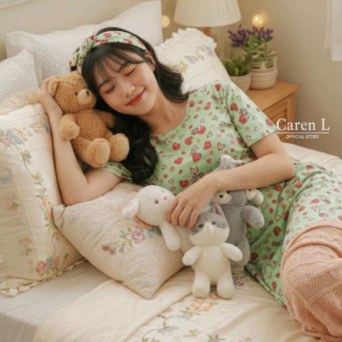 Daster Kaos Korean style | Daster Santai Wanita Cantik Kekinian Mini Heart Light Green Kaos Remaja