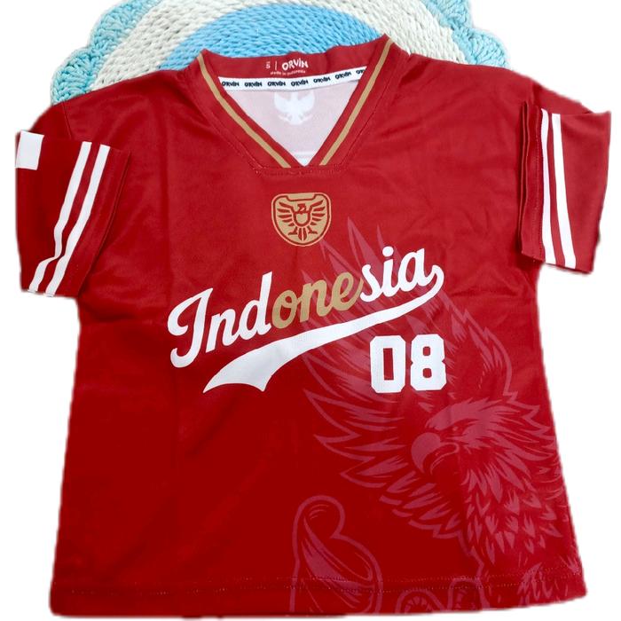Kaos jersey Anak Indonesia 08 Merah dengan Lengan Pendek dan Logo Burung Garuda