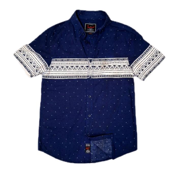 Kemeja Casual 3Second Navy Preloved – Lengan Pendek Motif Garis Etnik Pria Cowok Keren Nyaman - Size