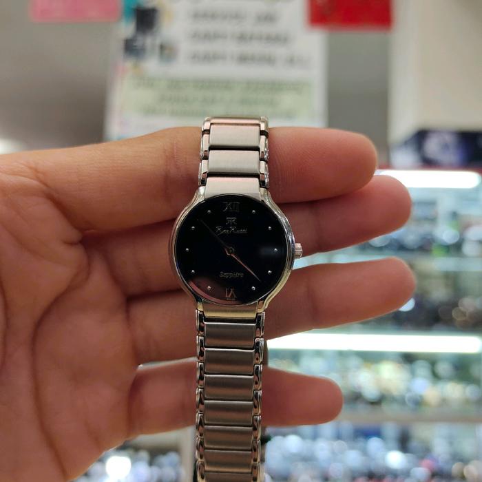 Jam Tangan Wanita Ray Rucci Kaca Sapphire(Anti Gores) Silver Rantai Bulat Kecil Plat Hitam All Stain