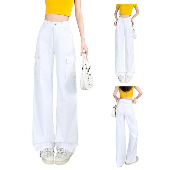 Celana Jeans Wanita High Waist Cargo Kulot Lurus Warna Putih Kantong Samping Lembut Elastis Bahan Ad