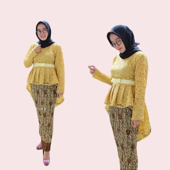Setelan Kebaya Modern Aurora Bahan Brukat Full Puring Warna Kuning Rok Batik Wanita Plisket Bahan Se