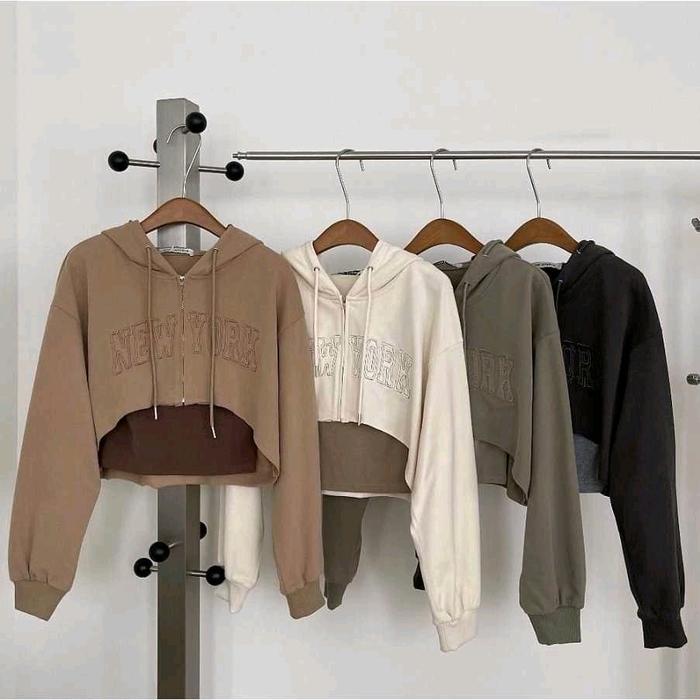 NEWYORK CROOPE JAKET HOODIE ZIPPER SWEATER WANITA CROP TOP