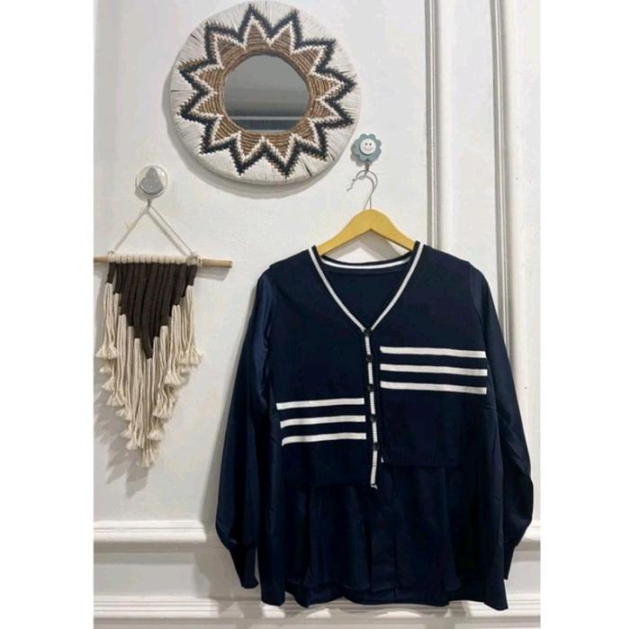 atasan impor Korea bluse kombinasi rajut all size Hitam putih Panjang Dewasa Wanita