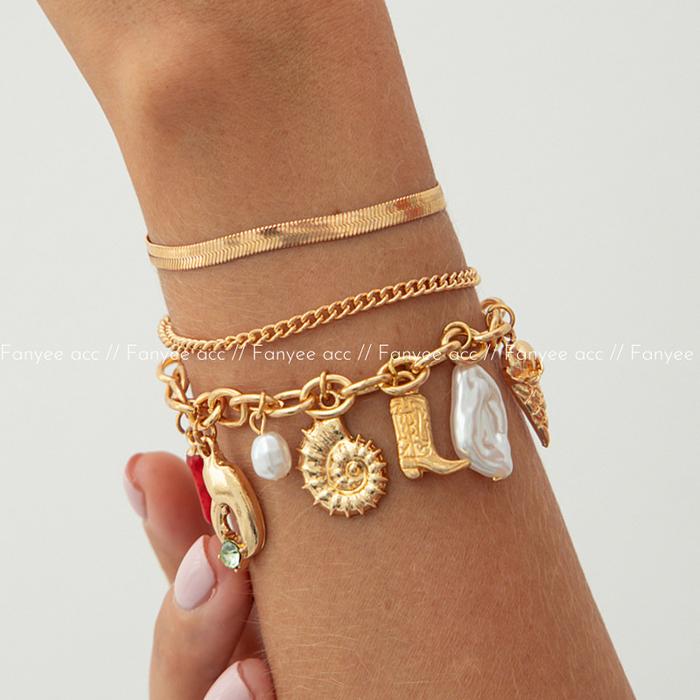 [Fanyee] gelang logam emas siput cakar kepiting cabai kecil mutiara rantai tulang ular desain detail