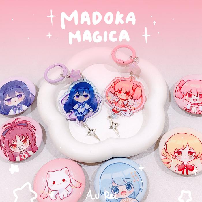 Merch madoka magica pin keychain | homura akemi kyubei mami tomoe sayaka miki kyoko sakura by au rei