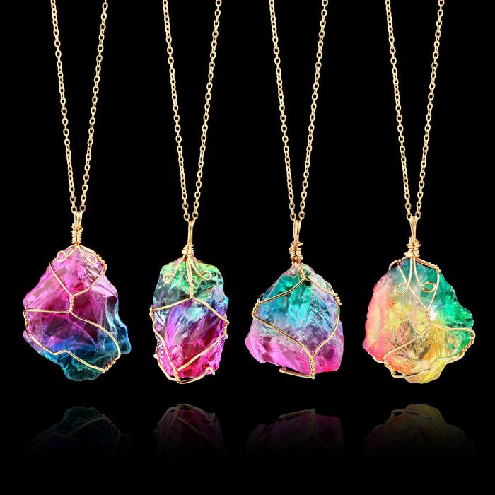 Natural Stone Irregular Rainbow Necklace Women In Crystal Pendant Necklace Wrap Wire Winding Chakra 
