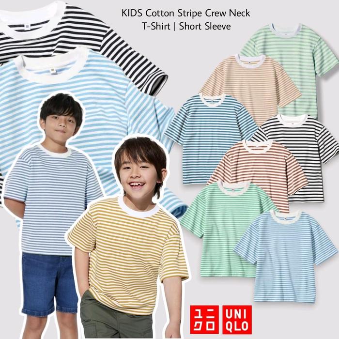 UNIQLO Kaos Unisex Cewek Cowok Kids Cotton Stripe Crew Neck T-Shirt Short Sleeve untuk Anak-anak Ade