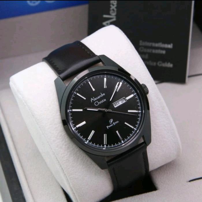 jam tangan pria original ALEXANDRE CHRISTIE AC1025ME LEATHER STRAP ALL BLACK