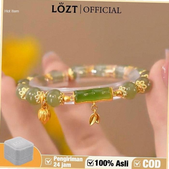 【100% Asli】LOZT Gelang Bambu Lapis Emas 24k Gelang Giok Wanita Asli China Gelang Giok Hijau Asli Gel