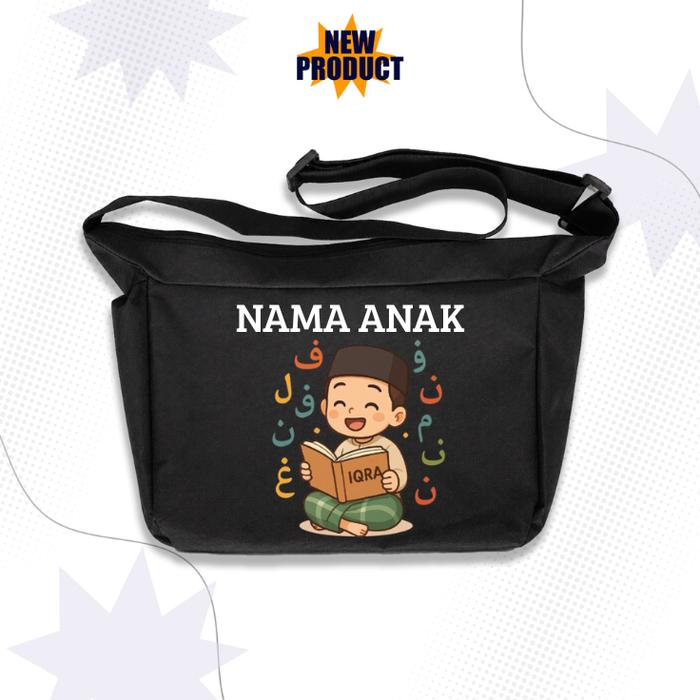 Tas Slempang Anak Viral Motif Anak Cowo Baca Iqra (Free Nama)