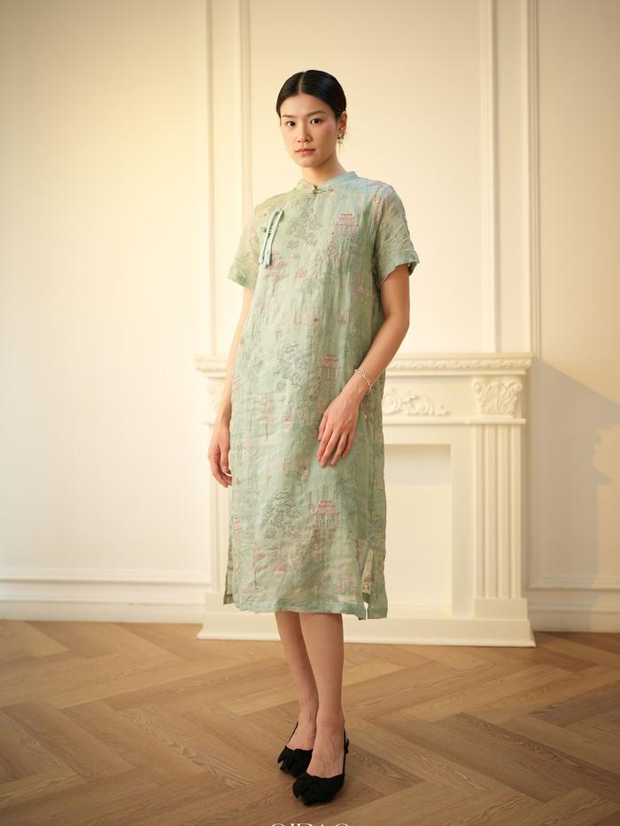 Aoyama Sage Green Embroidered Qipao Dress
