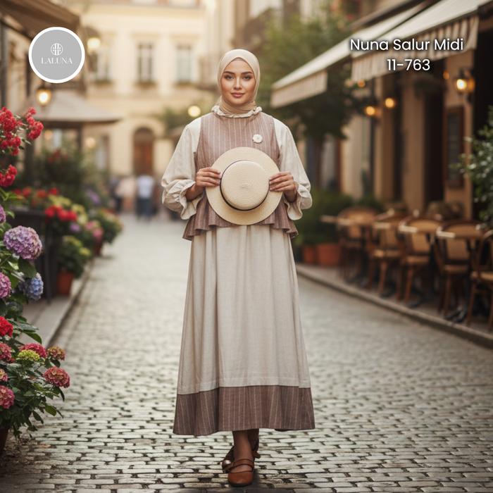 Nuna Midi Salur | Gamis Midi Wanita Linen Polos & Linen Salur Import Elegan