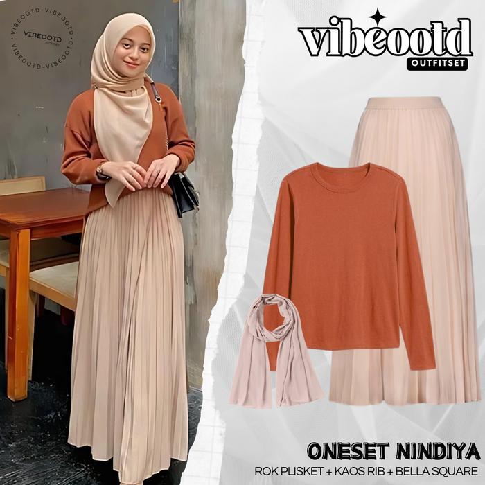 Nindiya Outfit Set Wanita Hijab ( Bawahan Rok Plisket + Baju Atasan Kaos Rib Knitt Panjang + Bella