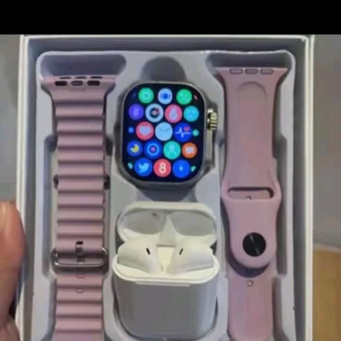 Apple Watch Series 7 dengan Tali Pink dan AirPods Pro dalam Kotak Original