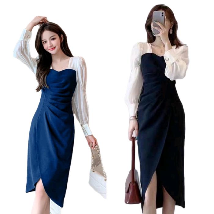 G_ Dress 2tone Kavi Hitam Navy  Bahan shakila kombinasi airflow belakang sleting jepang pinggang kar