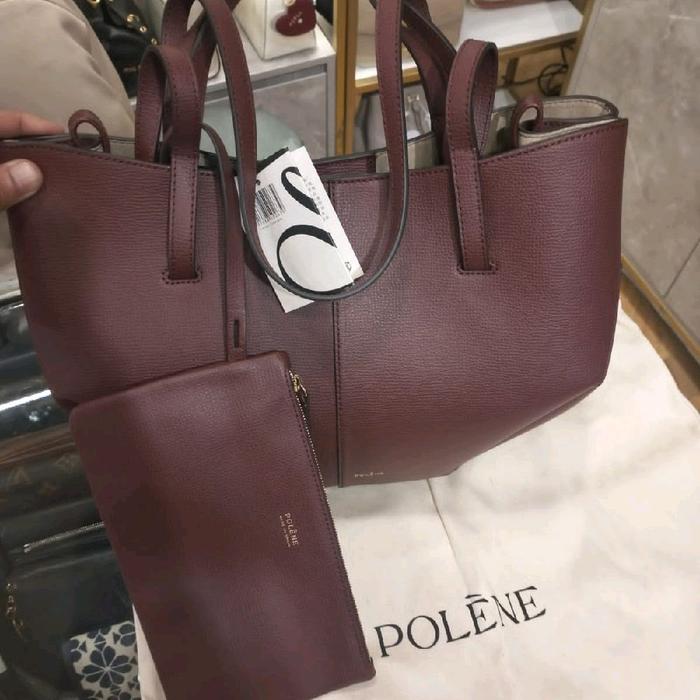 Tas Wanita Polene Cyme Mini Shopping Bag Grained Leather Black cherry authentic
