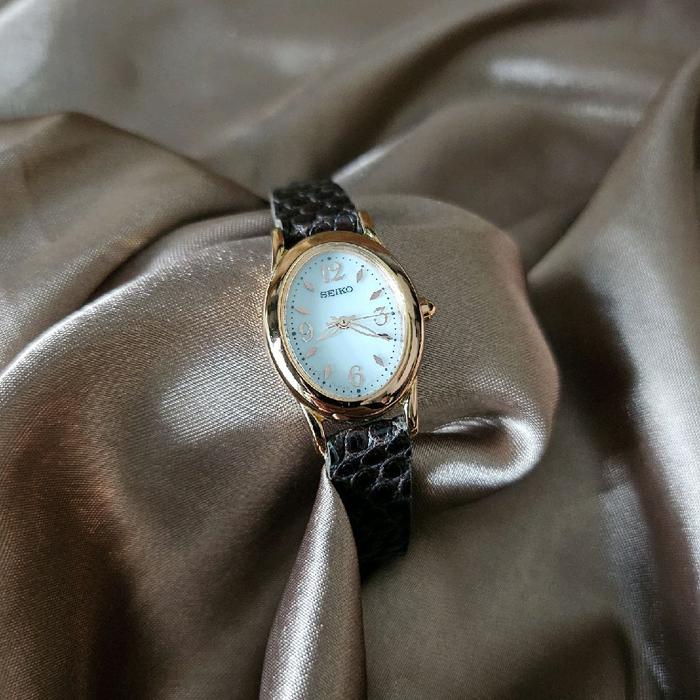 SEIKO BAIGNOIRE SOLAR ROSE GOLD PLATED BEZEL SIMPLE INDEX QUARTZ PREMIUM LEATHER HANDMADE JDM LADIES