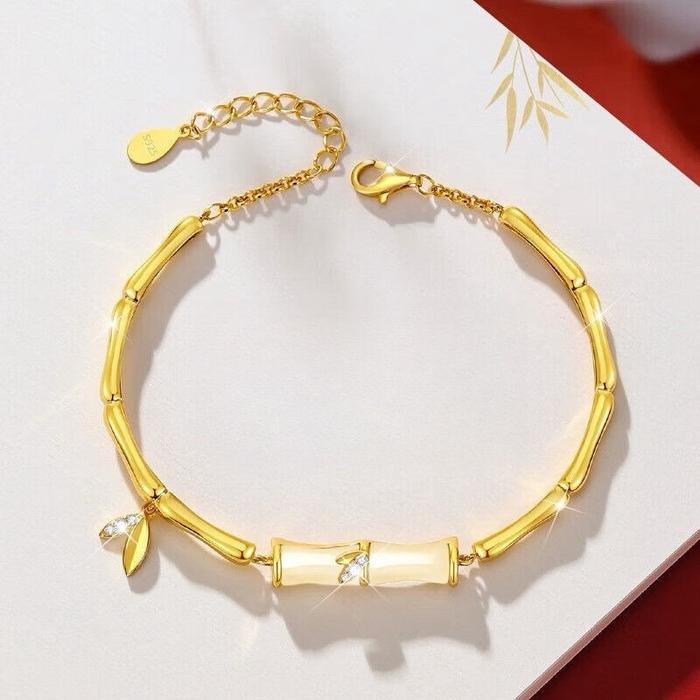 Gelang Giok Emas Asli Batu Alam Wanita Bracelet Segmen Bambu Giok Hetian China Lapis Emas 18K Anti K