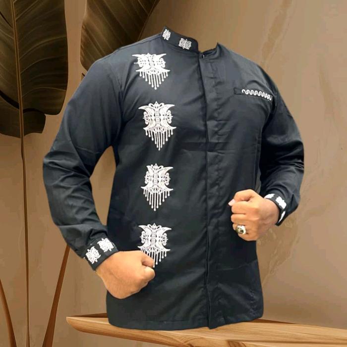 Baju Koko Pria Bordiran Motif Pintu Aceh Silver- Muslim Dewasa Katun Hitam - Panjang, Atasan, Kurta