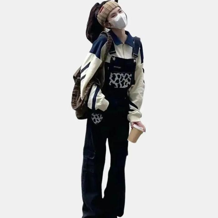 Xiyue Celana Wanita 0072 Cinta Sapi Bordir Tali Jeans Lurus Lebar Kaki Longgar Celana Jeans Wanita T