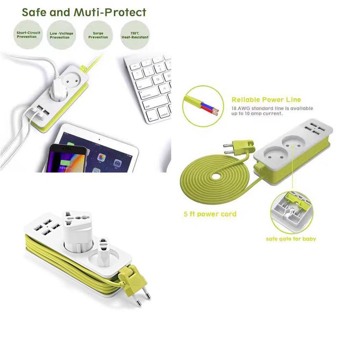 Stop Kontak Traveling 4 USB Port Kabel 1,5 Meter stopkontak Portable 2 Lubang Saklar Stop Kontak Pow