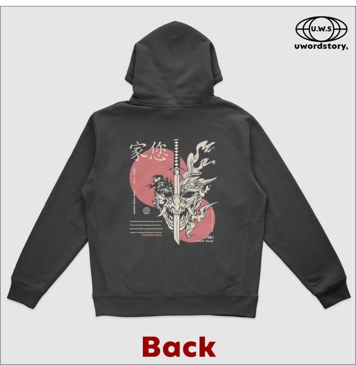 Jaket Hoodie Jumper Motif Aesthetic Hitam Uwordstory Samurai Yakuza Japan Katana Seigaha 280gsm Teba