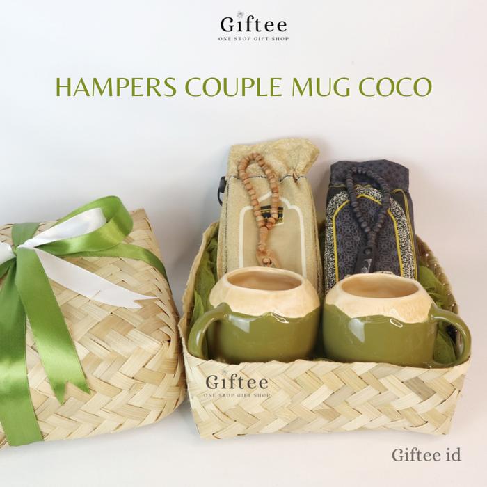 > HAMPERS COUPLE MUG COCO SAJADAH TRAVEL GELAS COCONUT KELAPA KERAMIK TASBIH KAYU SAJADA SOUVENIR KA