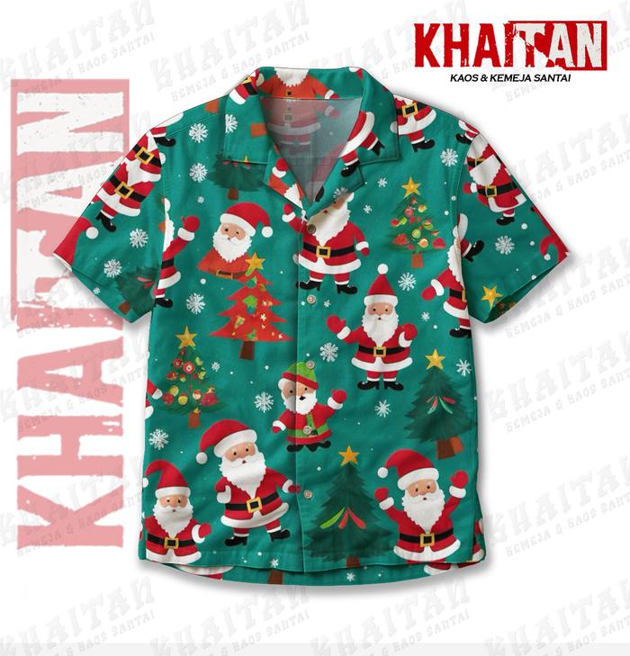 KHAITAN Kemeja Motif Natal Santa Claus Pohon Hijau Merah Pria Unisex Hawaiian | KT-219