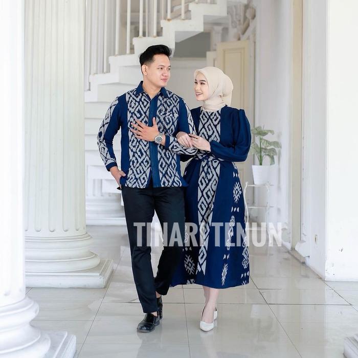 ￼Gamis Couple Tenun Safira Motif Toraja navi biru gamis tunik biru Formal Wanita Dress Kondangan Pes
