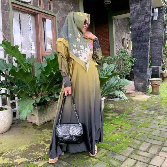 gamis set kerudung kuning hijau motif