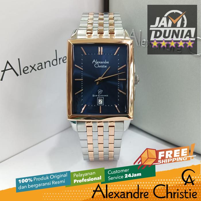 JAM TANGAN ANALOG PRIA KOTAK ALEXANDRE CHRISTIE ORIGINAL SILVER KOMBINASI ROSE GOLD DIAL NAVY STRAP 
